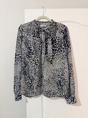 cupcakes & cashmere Black and Cream Animal-Print Tie-Neck Blouse